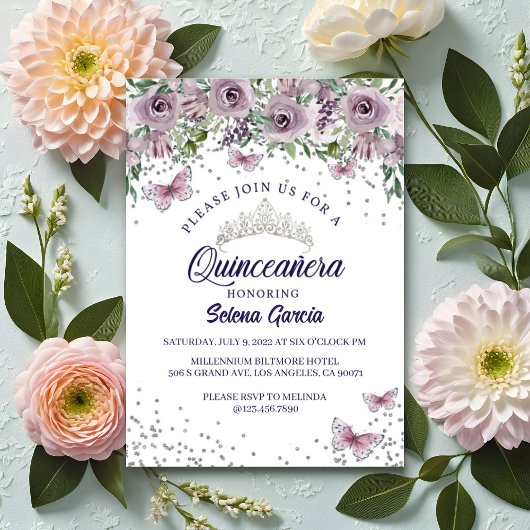 Uitnodiging voor Quinceañera – Paarse Bloemen & Vl