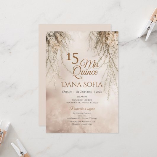 Uitnodiging voor Quincenera in het Spaans Boho (Voorkant / Achterkant in situ)