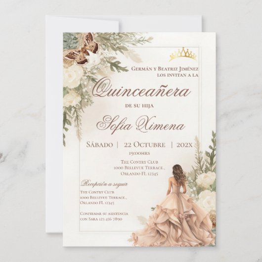 Uitnodiging voor Quincenera in het Spaans Boho (Voorkant)