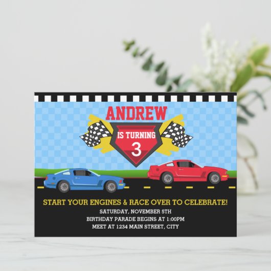Uitnodiging voor Race Car Birthday Parade (Staand voorkant)