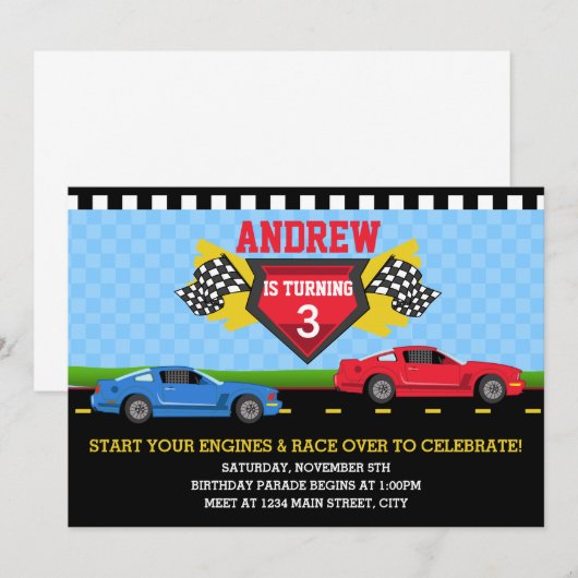 Uitnodiging voor Race Car Birthday Parade (Voorkant / Achterkant)