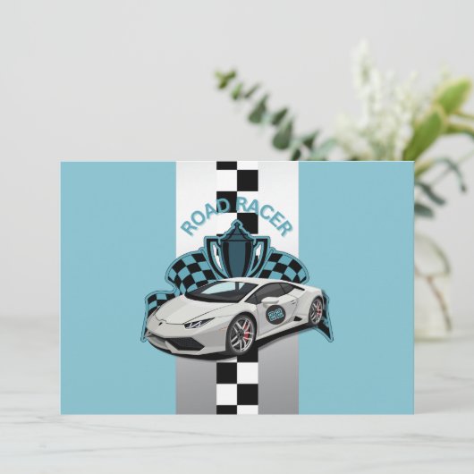 Uitnodiging voor raceauto's, groen, zwart-wit (Staand voorkant)