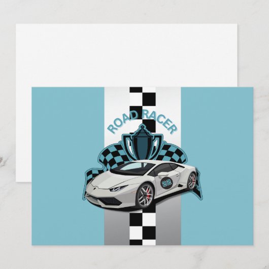 Uitnodiging voor raceauto's, groen, zwart-wit (Voorkant / Achterkant)