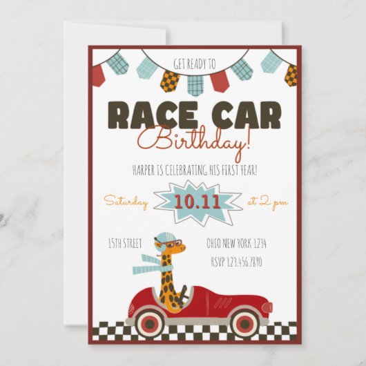 Uitnodiging voor raceauto's met snelle Giraffe (Voorkant)