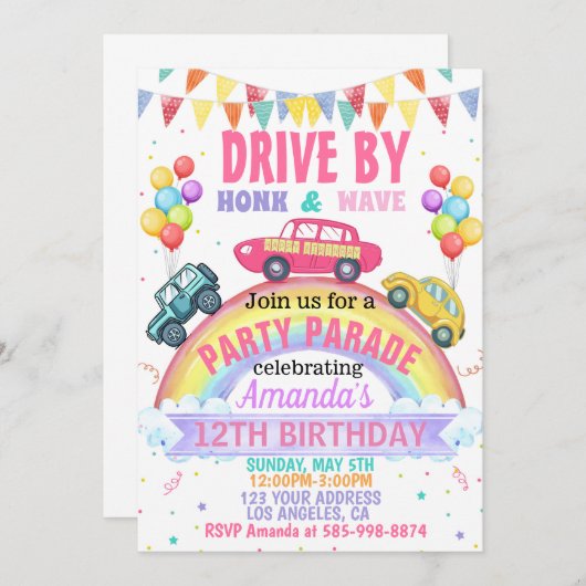 Uitnodiging voor Rainbow Drive By-verjaardagsparad (Voorkant / Achterkant)