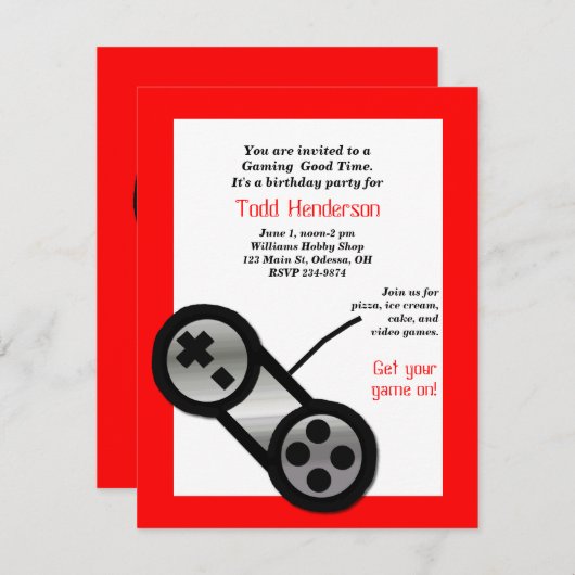 Uitnodiging voor Red Video Gaming Party (Voorkant / Achterkant)