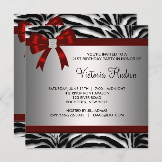 Uitnodiging voor Red Zebra verjaardagsfeestje sjab (Voorkant / Achterkant)