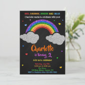Uitnodiging voor regenboogverjaardag Glitter-regen (Staand voorkant)