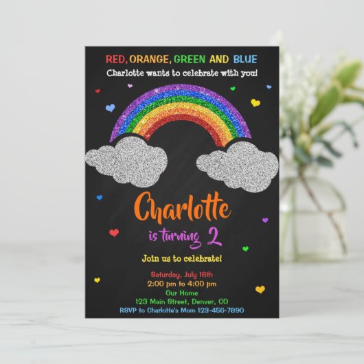 Uitnodiging voor regenboogverjaardag Glitter-regen (Staand voorkant)