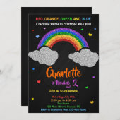 Uitnodiging voor regenboogverjaardag Glitter-regen (Voorkant / Achterkant)