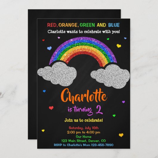 Uitnodiging voor regenboogverjaardag Glitter-regen (Voorkant / Achterkant)