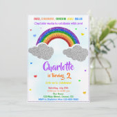 Uitnodiging voor regenboogverjaardag Glitter-regen (Staand voorkant)