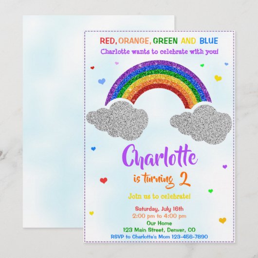 Uitnodiging voor regenboogverjaardag Glitter-regen (Voorkant / Achterkant)