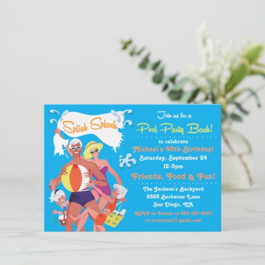 Uitnodiging voor Retro Family Pool (Staand voorkant)