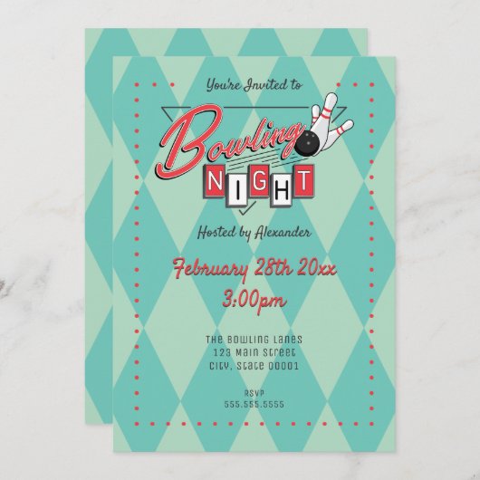 Uitnodiging voor Retro Logo Bowling Night (Voorkant / Achterkant)