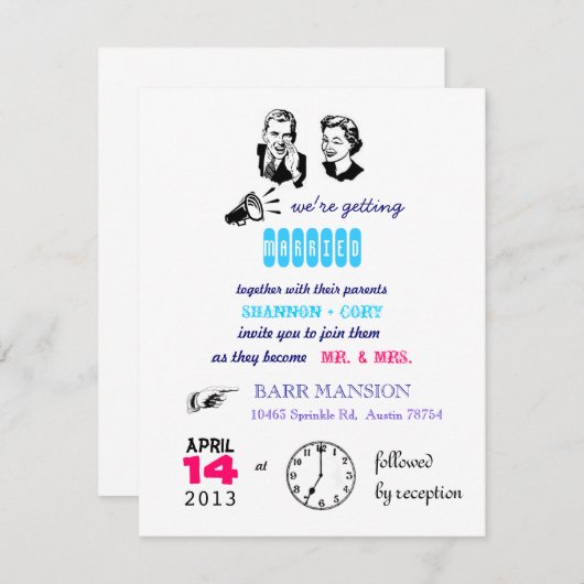 Uitnodiging voor Retro Wedding (Voorkant / Achterkant)