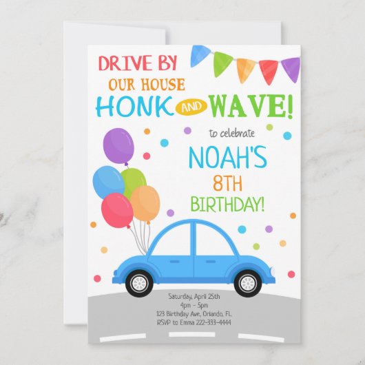 Uitnodiging voor rit langs huis, jongens verjaarda (Voorkant)
