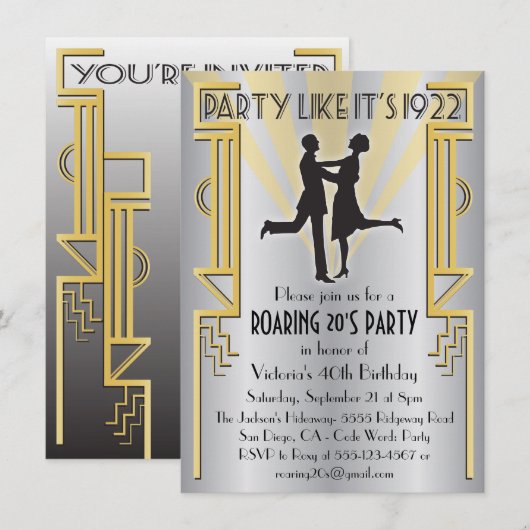 Uitnodiging voor Roaring Twenties Art Deco Charles (Voorkant / Achterkant)