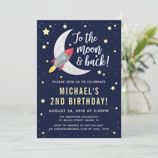 Uitnodiging voor Rocket Moon-verjaardagsfeestje (Staand voorkant)