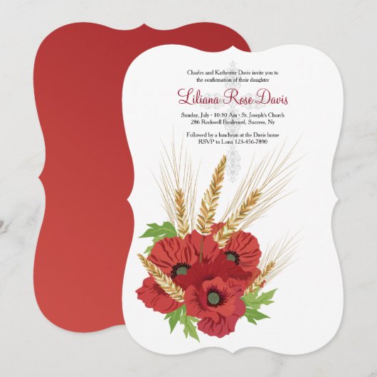 Uitnodiging voor rode anemonen en tarwe (Voorkant / Achterkant)