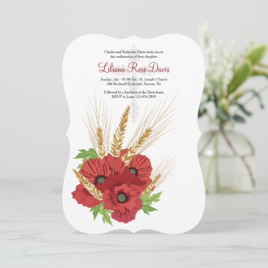 Uitnodiging voor rode anemonen en tarwe (Staand voorkant)