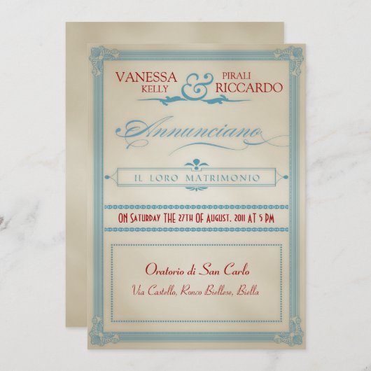 Uitnodiging voor rode en blauwe bruiloft (Voorkant / Achterkant)