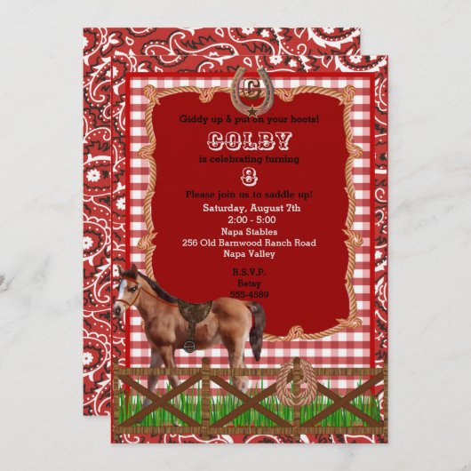 Uitnodiging voor rode en bruine Westerne paarden (Voorkant / Achterkant)