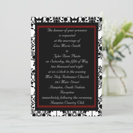 Uitnodiging voor rode en zwarte Damask (Staand voorkant)