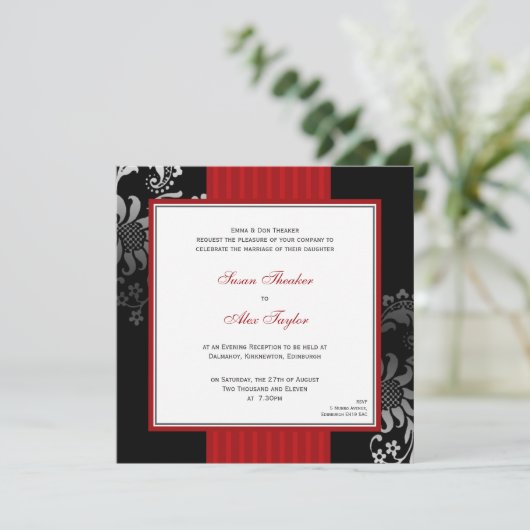 Uitnodiging voor rode en zwarte patroonbruiloft (Staand voorkant)