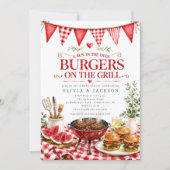 Uitnodiging voor rode gingham hamburgers op de gri (Voorkant)