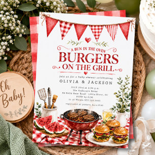 Uitnodiging voor rode gingham hamburgers op de gri