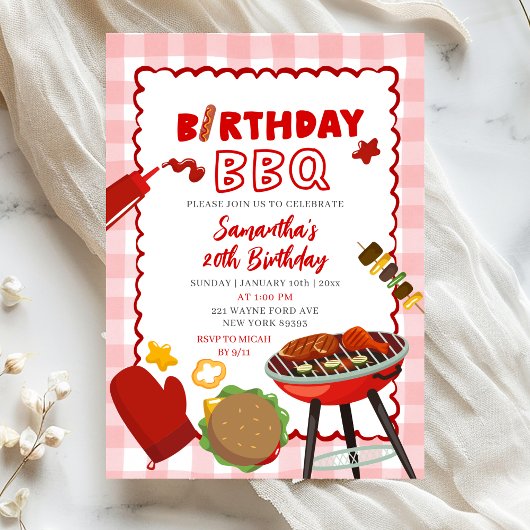 Uitnodiging voor rode gingham verjaardagsbarbecue