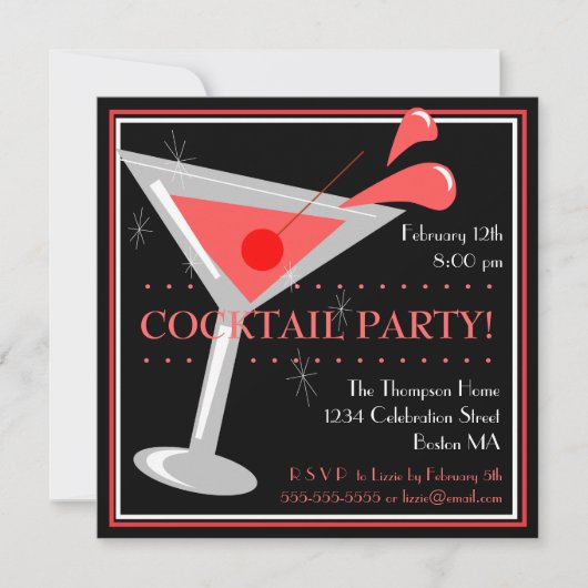 Uitnodiging voor rode Martini Cocktail Party (Voorkant)