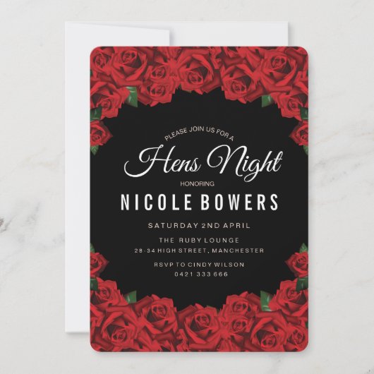 Uitnodiging voor Rode Rozen Kippen Avondfeest (Voorkant)