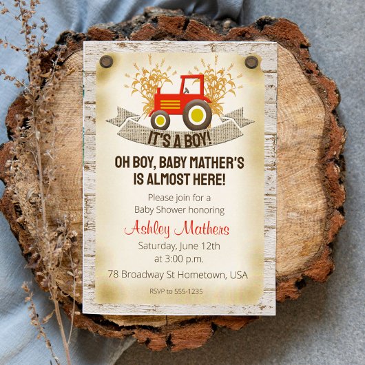 Uitnodiging voor rode tractor baby jongens douchef