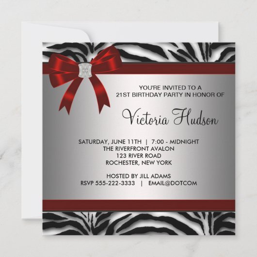 Uitnodiging voor Rode Zebra verjaardagsfeestje sja (Voorkant)