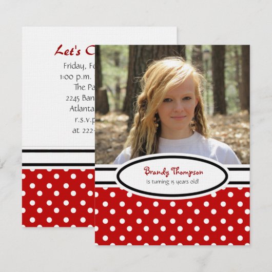 Uitnodiging voor rode, zwarte en witte poka-dot (Voorkant / Achterkant)