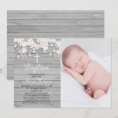 Uitnodiging voor roestgrijs hout met floreel bapti (Voorkant / Achterkant)