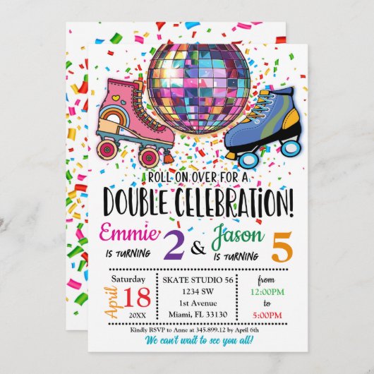 Uitnodiging voor Rollerskaten Disco Dubbel Feest (Voorkant / Achterkant)