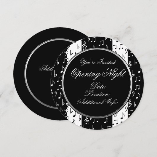 Uitnodiging voor ronde muziekstripes, zwart-wit (Voorkant / Achterkant)