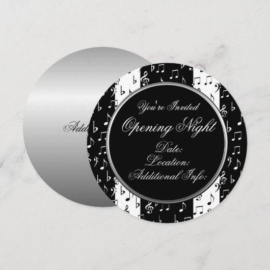 Uitnodiging voor ronde muziekstripes, zwart-wit (Voorkant / Achterkant)