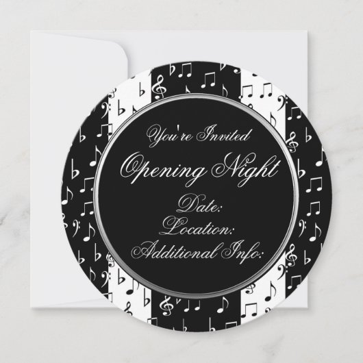 Uitnodiging voor ronde muziekstripes, zwart-wit (Voorkant)