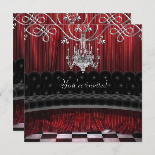 Uitnodiging voor Rood Zwarte Kroonluchter Feest Te (Voorkant / Achterkant)