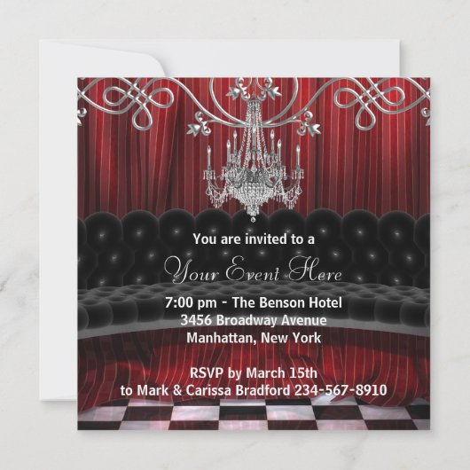 Uitnodiging voor Rood Zwarte Kroonluchter Feest Te (Achterkant)