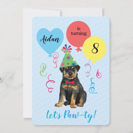 Uitnodiging voor rottweiler van Birthday Party-bal (Voorkant)