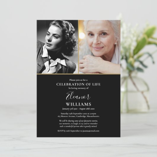 Uitnodiging voor rouwdienst met 2 foto's ter herde (Staand voorkant)