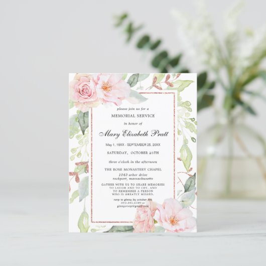 Uitnodiging voor rouwplechtigheid met roos in budg (Staand voorkant)