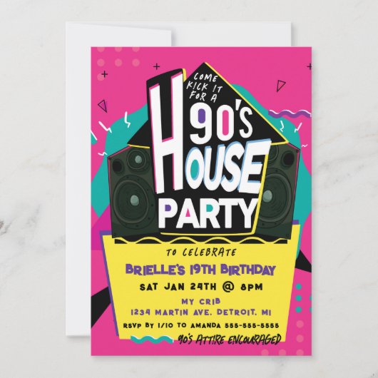 Uitnodiging voor Roze 90's House Party (Voorkant)