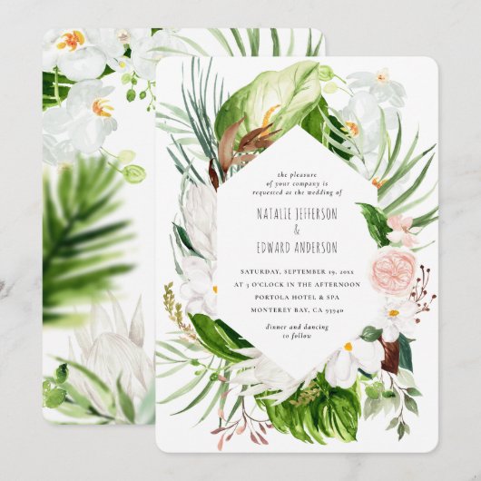 Uitnodiging voor roze, blauwgroen en orchidee trop (Voorkant / Achterkant)