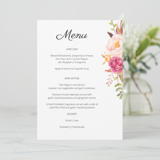 Uitnodiging voor Roze Blush Bloeiend Bloemmenu (Staand voorkant)